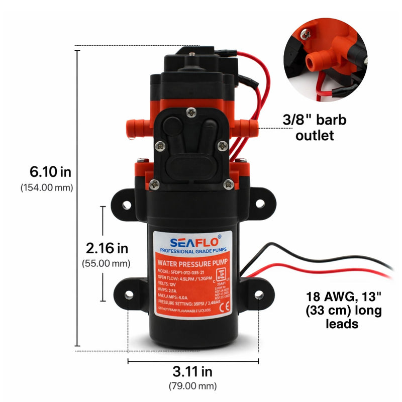 SEAFLO 21-Series Water Pressure Diaphragm Pump - 12V DC, 1.2 GPM, 35 PSI with Adjustable Pressure Switch, Self-Priming, Quiet Operation for RV, Boat, and Off-Grid Applications 1.2 GPM - 35 PSI
