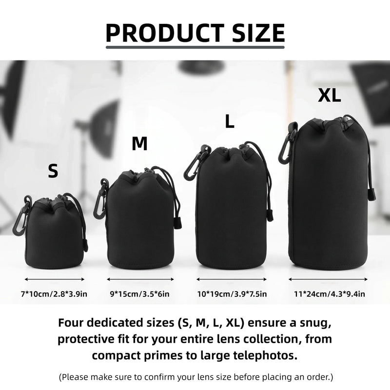 Camera Lens Bag, 4 Pack Protective Neoprene Lens Pouch with Drawstring & Carabiner, Lens Case for DSLR Camera Lens(S/M/L/XL) (XL 4pcs) XL 4pcs