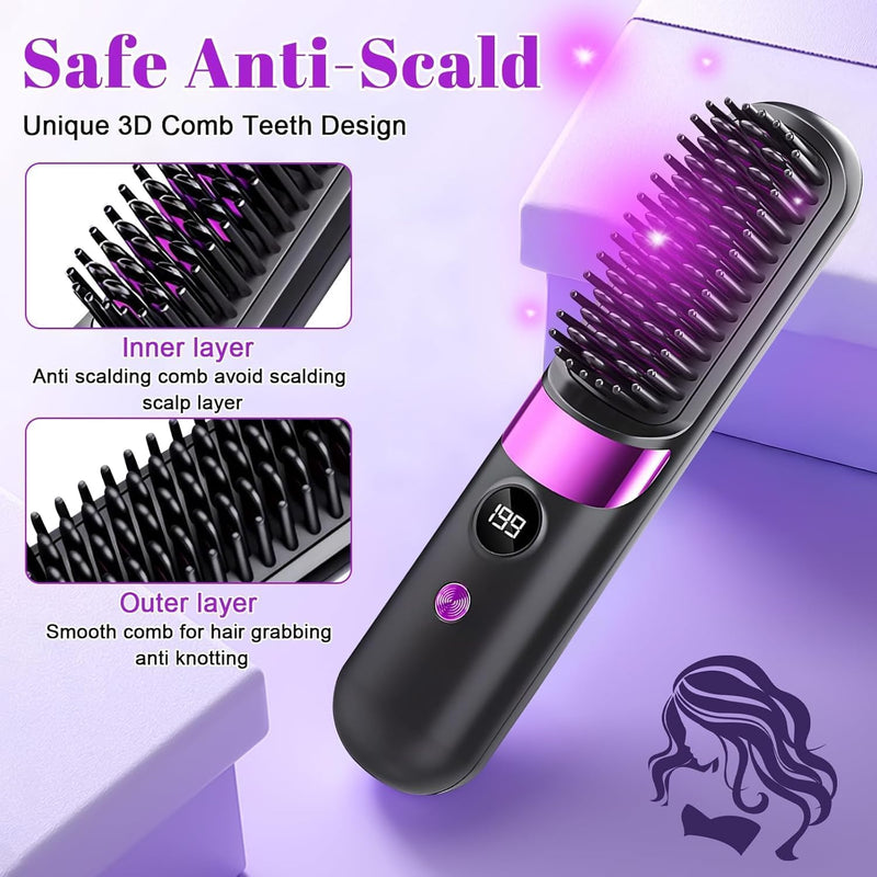 Go Brush Pro UK Cordless Hair Straightener Brush, Portable Rechargeable Ceramic Styling Brush with 4 Heat Modes & LED Display, Hair Gobrush Pro Rechargeable Straightener Hot Comb for Travel