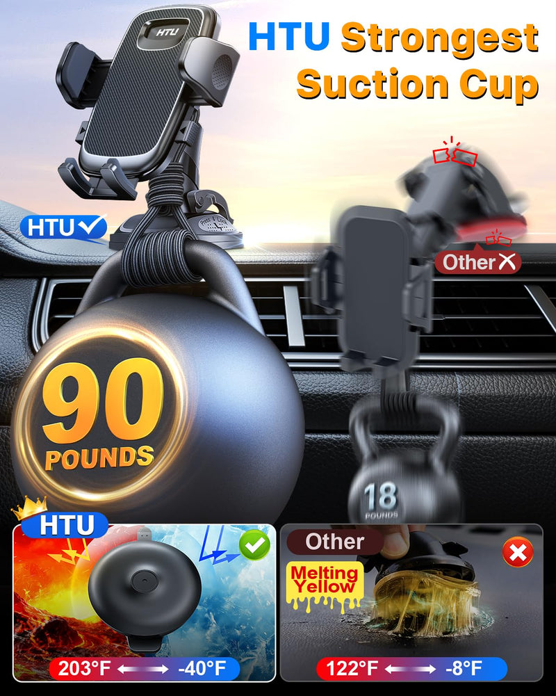 2026 Latest Upgrade Military-Grade Anti-Shake 90+LBS Car Phone Holder | Strong Suction 360° Rotating Short Fixed Arm Cellphone Mount Dash Windshield Vent Cradle for iPhone 17 16 Pro Max Deep Black