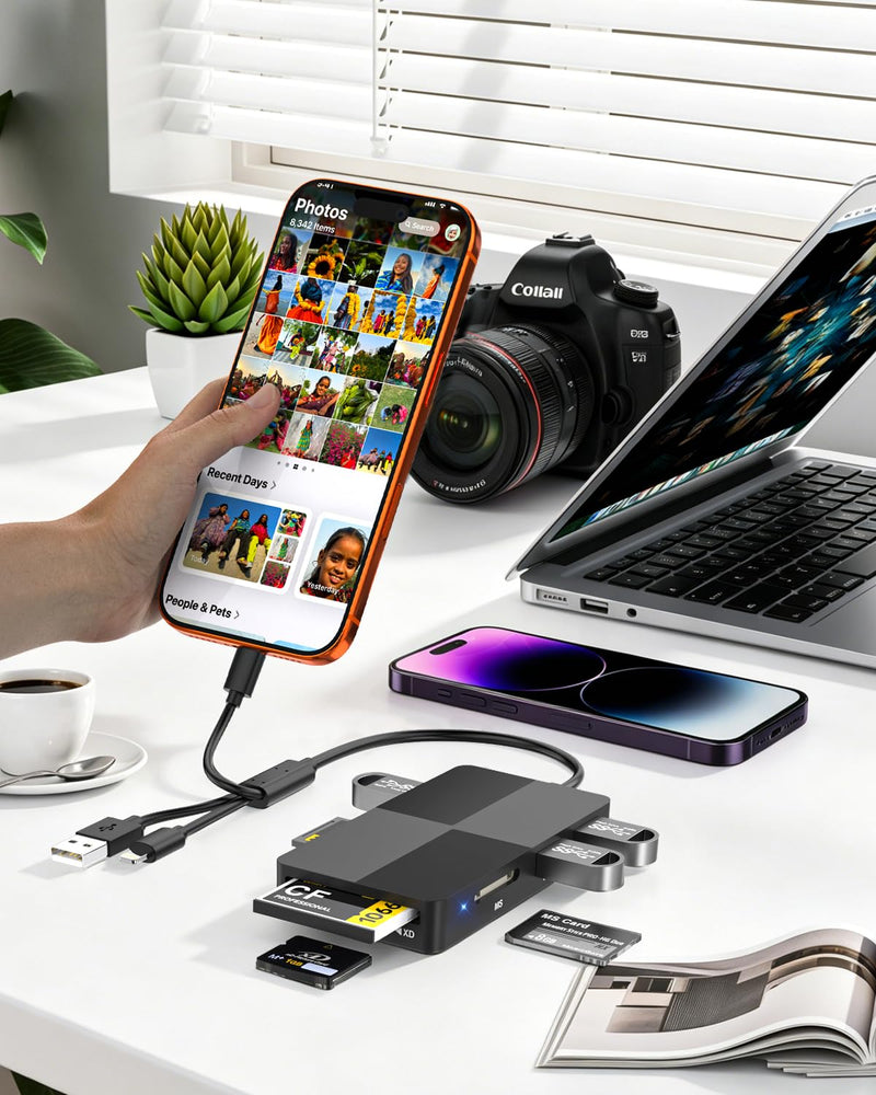 8-in-1 Memory Card Reader, Memory Stick Pro Duo Adapter, SD/TF/MS/CF/XD Card Reader with 3 USB 2.0 Ports, USB-C/Lightning/USB-A Multi Card Reader for iPhone iPad Android Mac PC, OTG Plug & Play