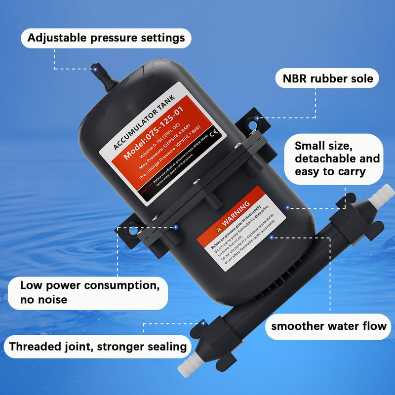 Pre-Pressurized Accumulator Tank, 0.75L Max 125PSI, 1/2 MNPT Port Fitting,Suitable for RV, Boat, Travel Trailer, Caravan