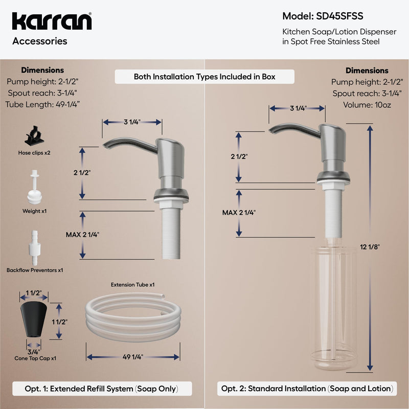 Karran SD45 Kitchen Soap Dispenser, Built-in Countertop Soap/Lotion Pump with 47" Extension Tube for Large Bottles, Dual Refill System, Commercial-Grade Durability in Spot Free Stainless Steal