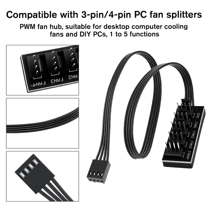 PWM Fan Splitter Hub Compatible 3PIN/4PIN 2 Pack 1 to 5 Splitter | Fan Splitter Cable Compatible Extension Cord for Computer 4-Pin and 3-Pin PC Durable Wire for Desktop Computer Cooling
