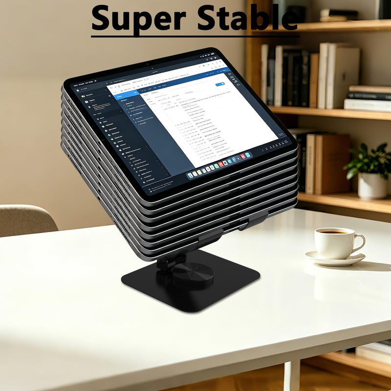 Metal Tablet Stand for iPad Pro, Adjustable 360° Rotation, Black | 2026 Update Version, Ultra Stable Metal Base, Fully Foldable, Easy to Store & Carry, Compatible with 4-13” Tablet Devices