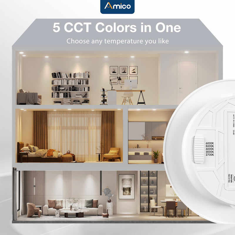 Amico Recessed Lighting 5/6 Inch, 4 Pack 5CCT Flat LED Can Lights, 2700K/3000K/4000K/5000K/6000K Selectable,12W Eqv 120W, 1050LM Brightness, Retrofit Installation - ETL & FCC 6 Inch