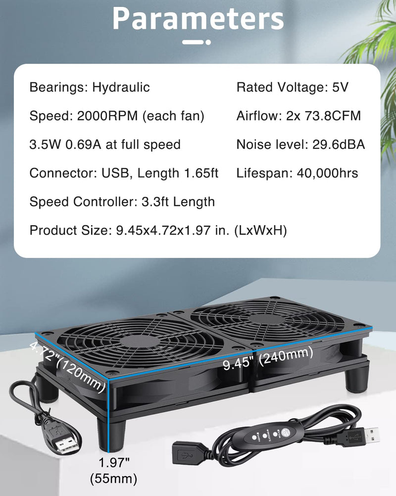 GDSTIME 240mm Router Fan Cooler with L/M/H Speed Control DC 5V USB Powered | Quiet Dual 120mm USB Computer Fan, for Router, Modem, Receiver, DVR, PlayStation, Xbox, Amplifier, Laptop, AV Cabinet Cooling 240mm USB Fan