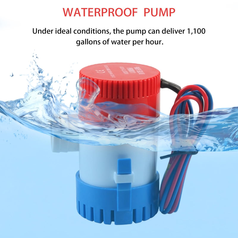 12v 1100 Gallons/Hour Marine Bilge Pump Kit, Includes 1-1/8" Diameter Bilge Pump, 6.5' Hose, 2 Stainless Steel Hose Clamps, And Hull Penetration Fitting. Suitable for Fishing Boats, Speedboa