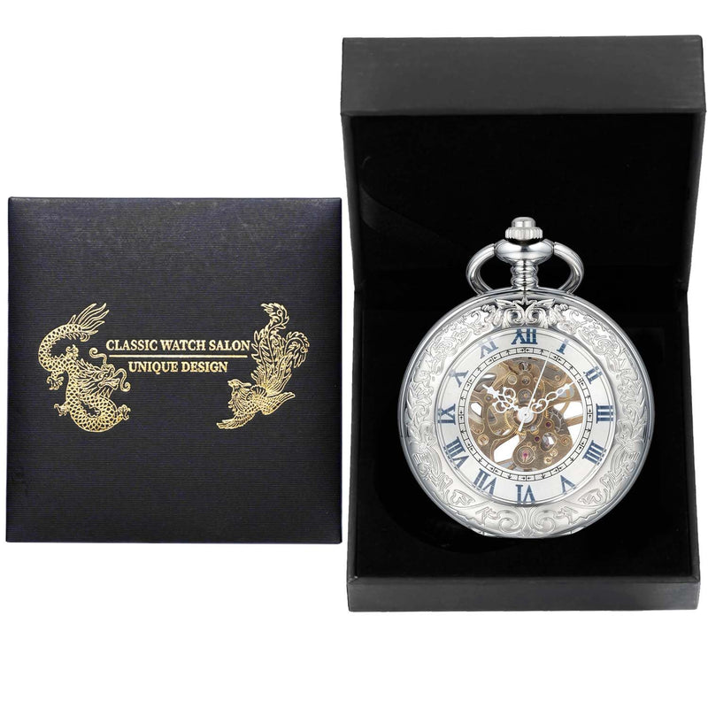 Mechanical Pocket Watch, for Men Women Special Magnifier Half Hunter Engraved Case Roman Numerals with Chain Ab. Silver Blue