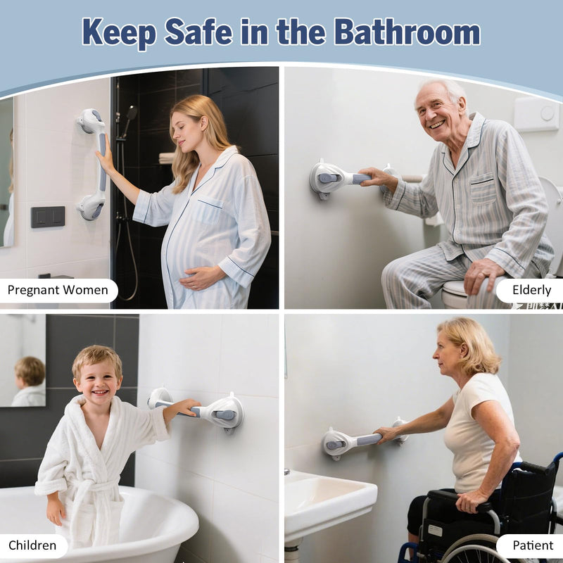 Grab Bars for Bathtub and Shower, 2 Pack Shower Handle with Strong Suction Cups, 16.8 Inch Bathroom Grab Bars for Seniors, Removable Shower Safety Handrail for Elderly, Drill Free, Waterproof 2 packs-Grey White