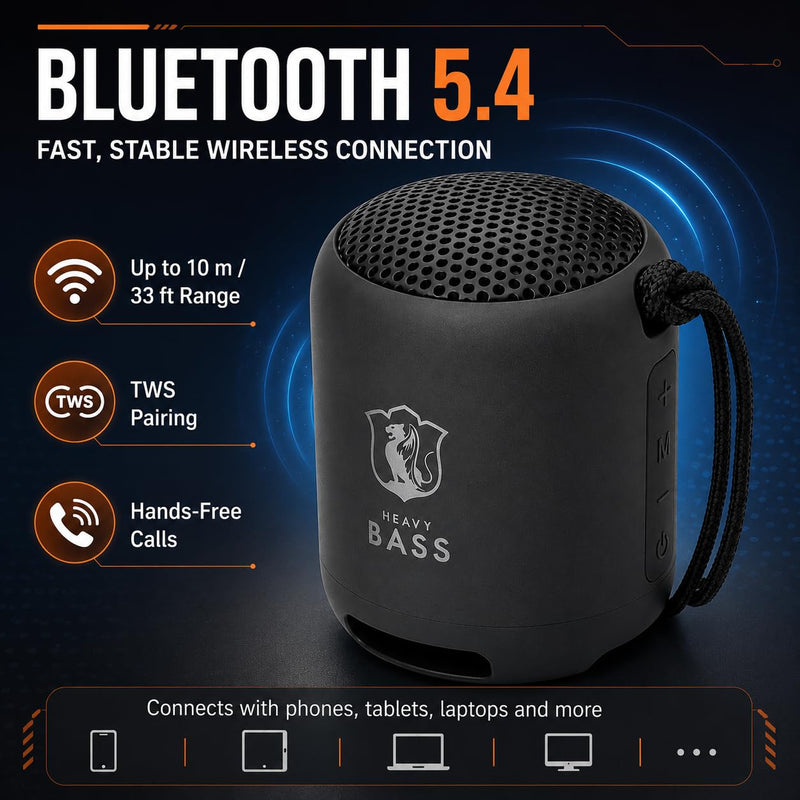 HEAVY BASS Portable Bluetooth Speaker, Wireless Mini Speaker with Bluetooth 5.4, TWS Pairing, FM Radio, TF Card, USB Drive, AUX Input, 5W Sound, Built-in Mic for Calls, Black