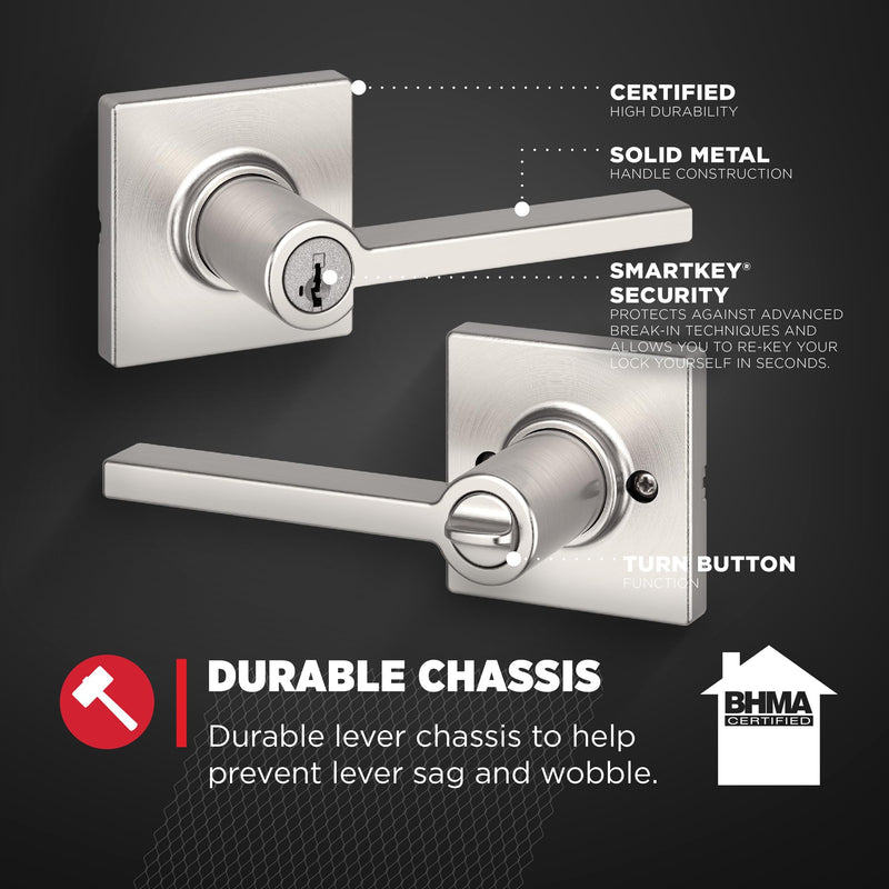 Kwikset Casey Entry Door Handle with Lock and Key, Secure Keyed Reversible Lever Exterior, For Front Entrance and Bedrooms, Satin Nickel , Pick Resistant Smartkey Rekey Security and Microban 1 Pack Keyed Entry