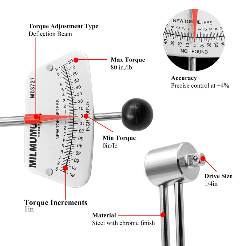 1/4" Drive Beam Torque Wrench Precision Instrument-Compatible with SAE and MM Bicycle and Automotive Wrench -0-80 Inch-Pounds, 0-9 Newton Meters