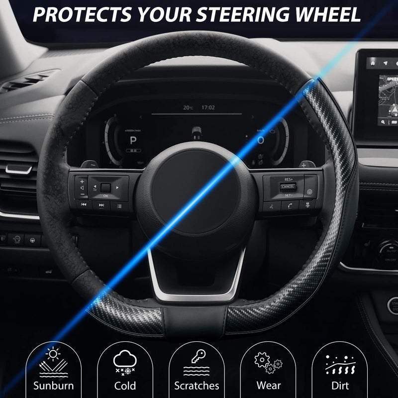 SEG Direct Flat Bottom Steering Wheel Cover Carbon Fiber, D Shaped Car Wheel Cover 14 1/2-15 in. (37-39 cm), Black Microfiber Leather with Carbon Fiber Pattern 2. Black with Carbon Fiber Standard size[14 1/2''-15'']