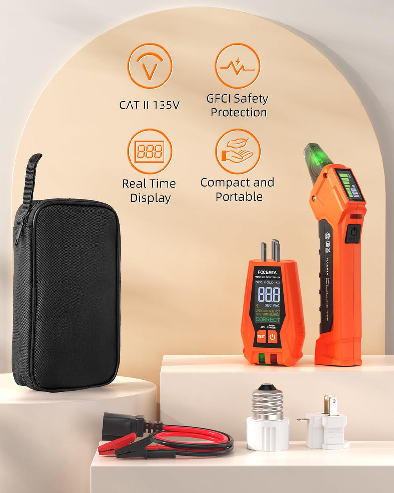 Circuit Breaker Finder Kit with GFCI Outlet Tester for 90-135V AC Circuits,includes Light Socket Adapter, 3-2 Prong Grounding Adapter & Clip adapter,Portable Electrical Tool with Carrying Case Orange