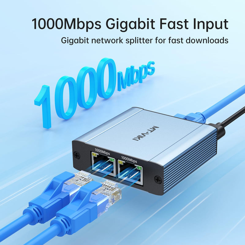 MT-VIKI Ethernet Splitter 1 to 2 High Speed 1000Mbps, Gigabit Dual RJ45 Splitter Adapter for Cat5/5e/6/7/8 Cable [Aluminum Case with Power Cable]