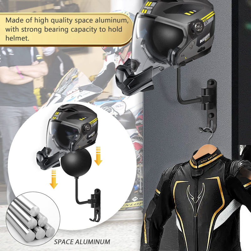 Motorcycle Helmet Rack Wall Mount 180 Degree Rotation Metal Bike Helmet Holder Mount Bicycle Helmet Display Hanger Stand with 2 Hooks Motorcycle Accessories for Baseball Rugby Helmet - Black, 2 Pcs Black(2PCS)