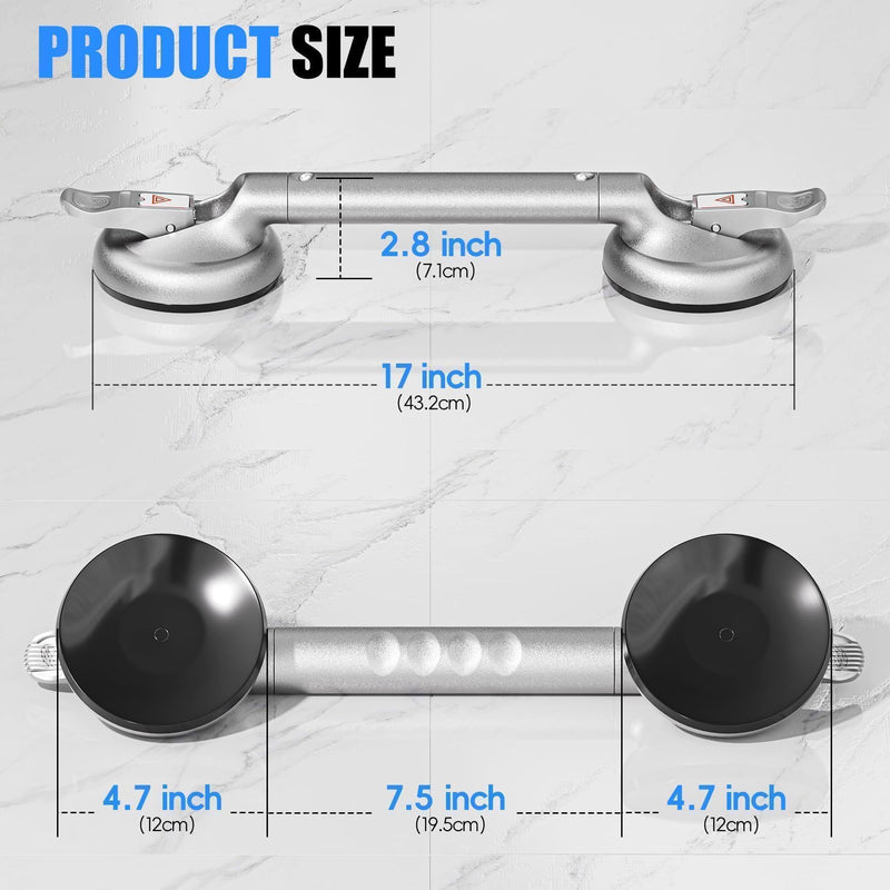 SPECILITE 17 Inch Grab Bars for Bathtubs and Showers, Seniors Handles for Elderly Strong Suction Handicap Safety Handrail for Bathroom Toilet Tiles Glass Gray Silver Gray Silver-1 PC