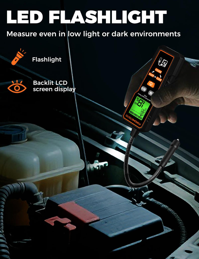 Brake Fluid Tester POROMETISTO FT01, Brake Fluid Moisture Tester with 8.5-Inch Corrosion Resistance Probe, Brake Fluid Detector with Flashlight, Data Hold, Backlight Alarm for DOT3, DOT4, DOT5.1-Black