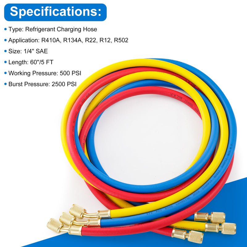 3 Pieces AC Manifold Gauge Hose Kit, R410A Refrigerant Charging Hoses 1/4 SAE, 5FT AC Manifold Gauge Hose Kit for R134A R410A R22 R404A, A/C Charging Hose 60‘’