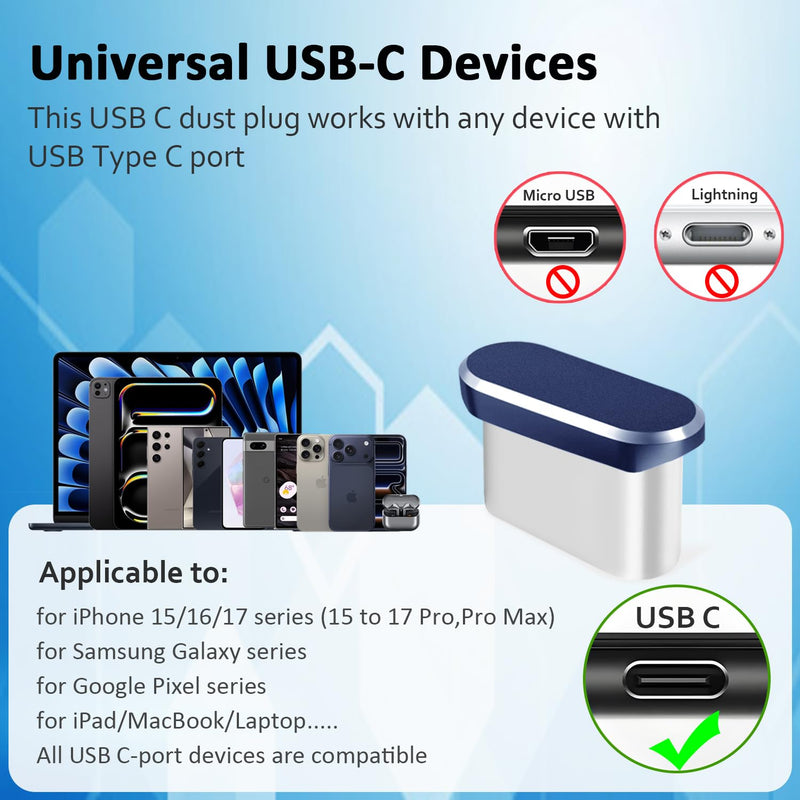 USB C Dust Plug, 4 Pack Metal USB C Port Plug Cover, Charging Port Protector Cover for iPhone 17, 16, 15 Pro Max, Samsung Galaxy, Kindle, Pixel, and All USB C Devices (Blue) Blue