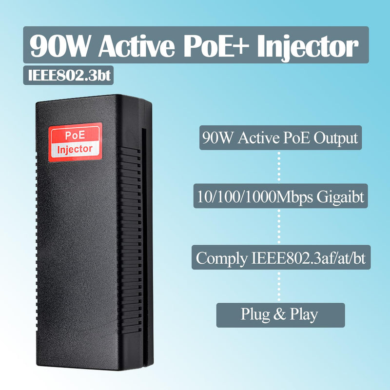 Revotech Gigabit 90W PoE++ Injector 54-56V Adapter, 10/100/1000Base-T IEEE 802.3bt PoE Standard Active POE+, Plug and Play for Wireless Access Points/PTZ/Videophones Gigabit 90W Black