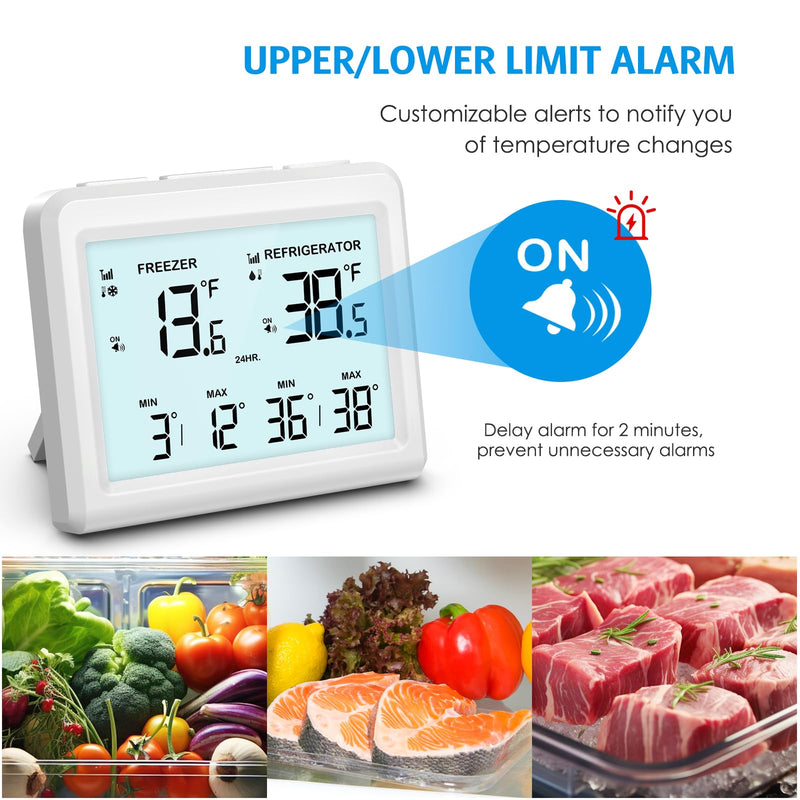 AMIR Wireless Refrigerator Thermometer, Digital Fridge and Freezer Thermometer with Alarm, Freezer Alarm with 2 Sensors, 3.7 inch LCD Fridge Thermometer for Home and Restaurants