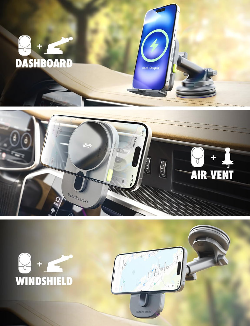 Bracketron MagAlign Extend 15W Magsafe Car Mount Charger, Magnetic Car Phone Holder Charger Wireless Car Charger for iPhone 17 Pro Max 16 15 14 13,Vent/Windshield/Dash Phone Mount Holder Fast Charger Magalign Power Up