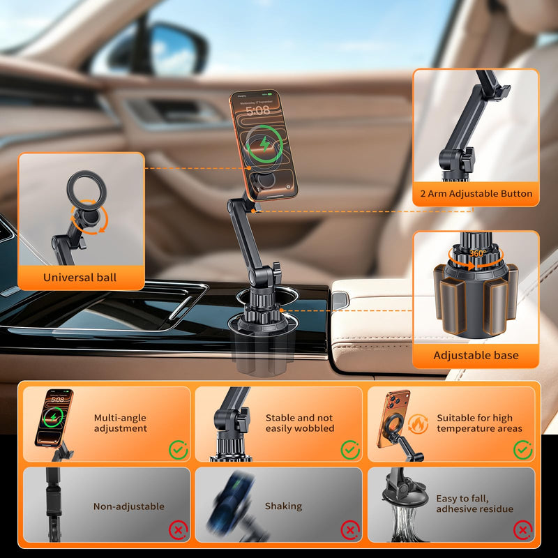 Phone Holders for Your Car, Universal Strong Magnetic Cup Car Phone Mount | Flexible Height, Hands Free, Car Phone Holder with Long and Adjustable Neck for iPhone 17 16 15 14 13 12 Series, Samsung