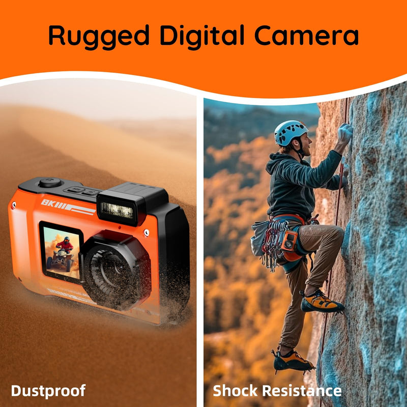 8K Underwater Digital Camera - MaxMango 70MP 33FT Waterproof Camera with 64G Card - Underwater Camera for Snorkeling Floatable Dual-Screen Selfie 2500mAh Battery Point and Shoot Digital (Orange)