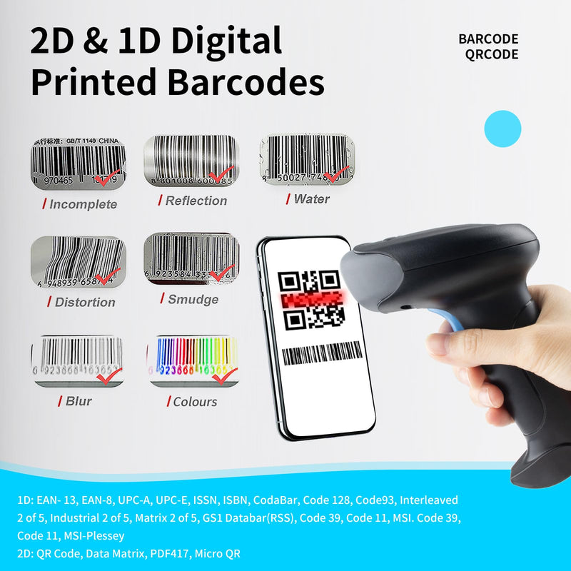Wireless Barcode Scanner 1D QR Scanner Wireless Handheld Laser Bar Code Reader 3-in-1 with Bluetooth & 2.4G Wireless & USB Wired Works with iPad, Android Phone, iPhone, Laptop-U26 Black-U26