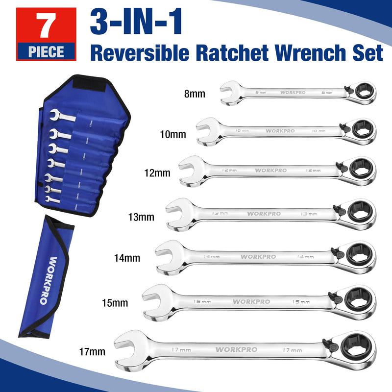 WORKPRO 7-Piece 3-in-1 Reversible Ratchet Wrench Set, Metric 8mm to 17mm, 6PT & 12PT & Open-End Wrenches, 72-Teeth Ratcheting Combination Wrench with Rolling Pouch