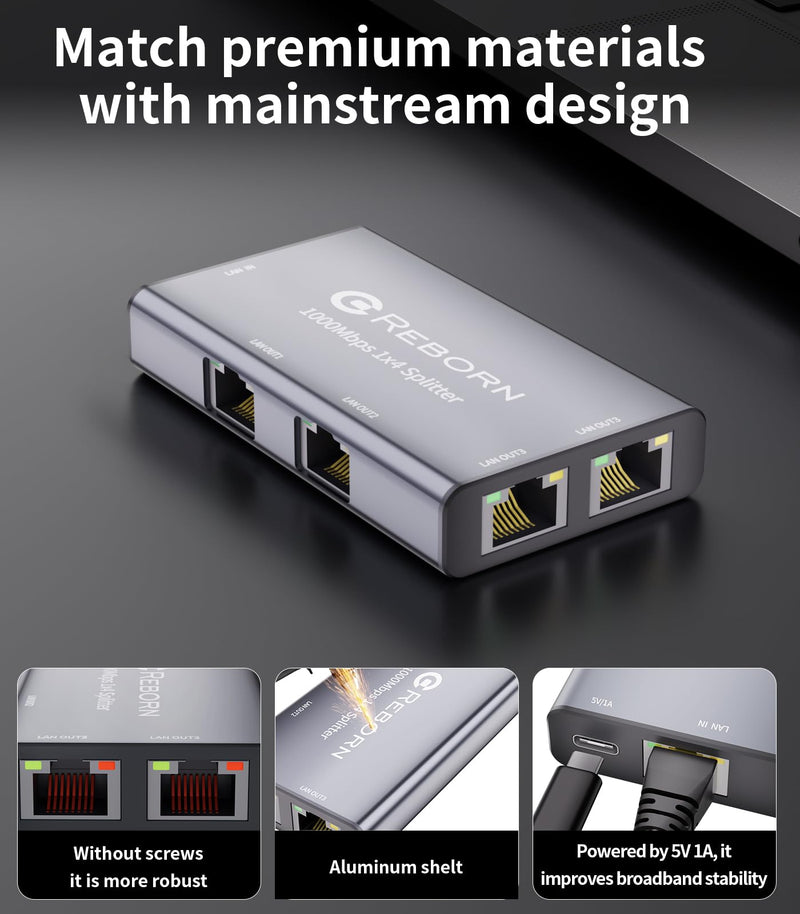 Reborn Ethernet Splitter 1 to 4 High Speed 1000Mbps, RJ45 Gigabit Ethernet Cable Splitter 1 to 4, LAN Splitter with USB Power Cable for Cat 5/6/7/8 Cable [4 Devices Simultaneous Networking]