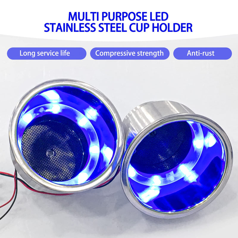 2 Pcs Blue LED Stainless Steel Cup Drink Holder with Drain & LED Marine Boat Rv Camper Seating