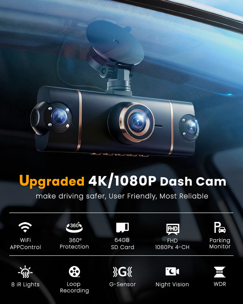 4K Dash Cam Front and Rear, WiFi Dash Camera for Cars with App | 4K+1080P*3 FHD Dash Cam, 64G Card Included, G-Sensor Emergency Lock, 8 IR Lamps Night Vision, 24H Parking Monitor, Black