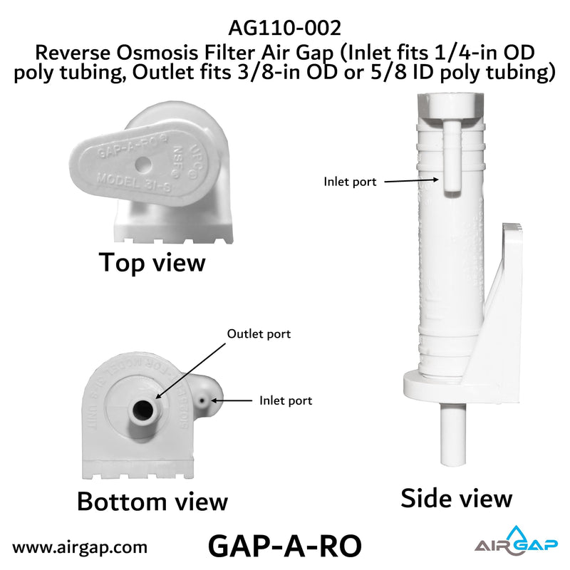Reverse Osmosis Filter Air Gap (Inlet fits 1/4-in OD poly tubing, Outlet fits 3/8-in OD or 5/8-in ID poly tubing; AG110-002, KIT S-B, GAP-A-RO)