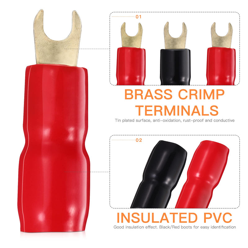 10 Pairs Copper Gold Plated 4 Gauge Strip Spade Terminal Spade Fork Adapters Connectors Plugs Crimp Barrier Spades for Speaker Wire Cable Terminal Plug - 4GA (Red and Black)