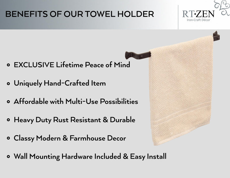 RTZEN Farmehouse Bathroom Towel Holder - Wrought Iron Matte Metal Black Towel Bar Wall Mount Rod - Handmade Home Decor Metal Kitchen Hanger Bar (17'' - Fits 14 Inch Towels) Medium Hammer-Nail