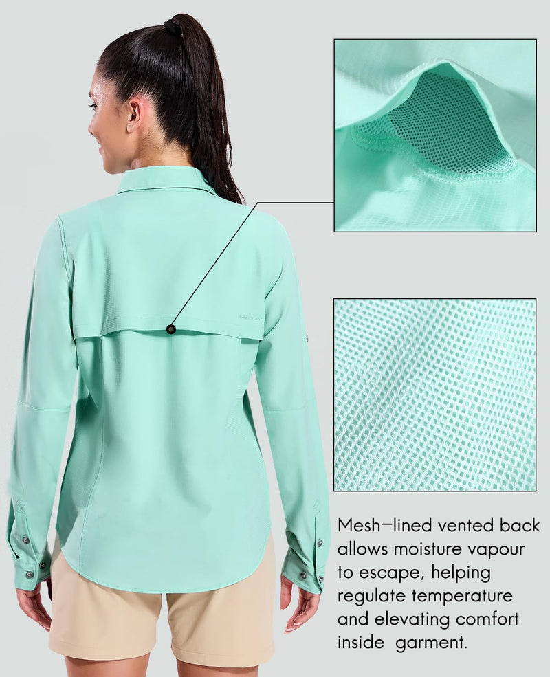 Haimont Women's Travel Hiking Fishing Button Down Shirt, UPF 50+ UV Long Sleeve Sun Shirts for Outdoor Camping Sailing Medium Light Green