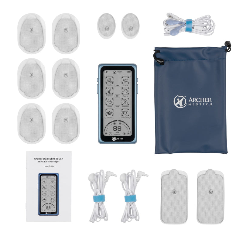 Dual Stim Touch TENS/EMS Unit – Rechargeable Touchscreen Muscle Stimulator with Dual Output Ports and 32 Massage & Stimulation Modes – Durable, Portable, Professional Quality Device