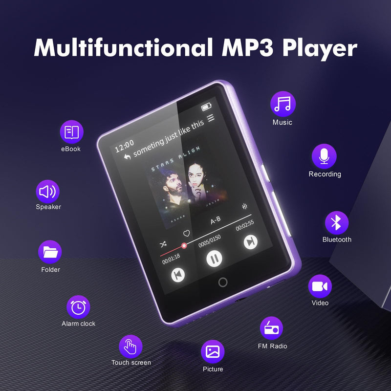 64GB MP3 Player with Bluetooth 5.3, 2.8 Inch Touch Screen,Built-in Speaker | HiFi Sound, Portable Music Player for Kids,Recording,FM Radio,Random sequential Folder Play, Expandable up to 128GB Purple 64GB