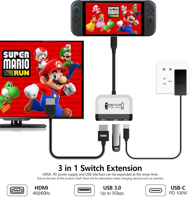 GKEAPZA Switch Dock for Nintendo Switch 2/Switch/OLED, 3-in-1 Portable TV Dock with 4K@60Hz HDMI USB 3.0 Port USB C PD 100W Charging,Mini Travel Dock Replacement for Switch Docking Station White