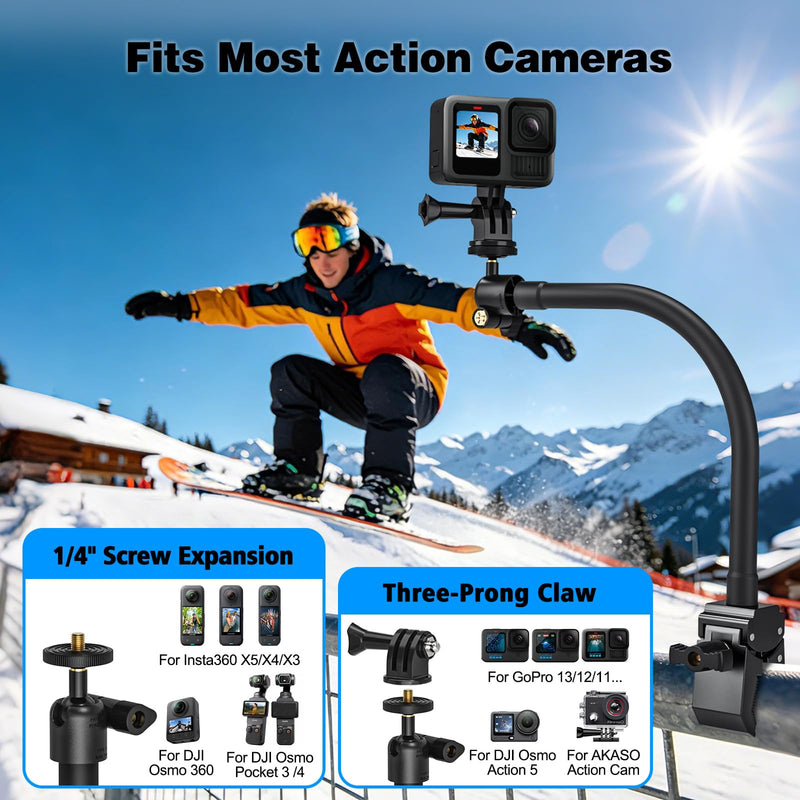 Action Camera Mount, Gooseneck Mount for Camera with Jaws Flex Clamp, Compatible with GoPro Hero, DJI Osmo, Insta360, and Other Action Cameras, with Adjustable Arm for Vlogging and Video Recording