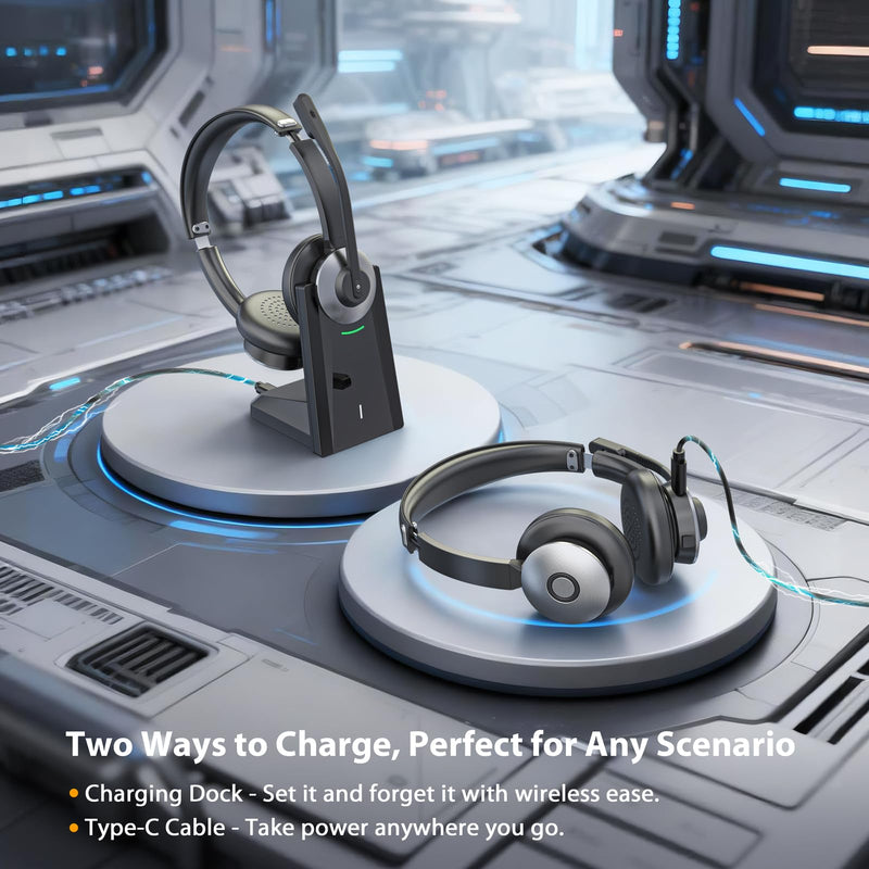 Wireless Headset with Microphone, AI Noise Cancelling Headset for Office | V6.0 Bluetooth Headset with Mute & Charging Base, Computer Headphones 36H Work, Call Center/PC/Phone/Laptop/Teams Black Silver