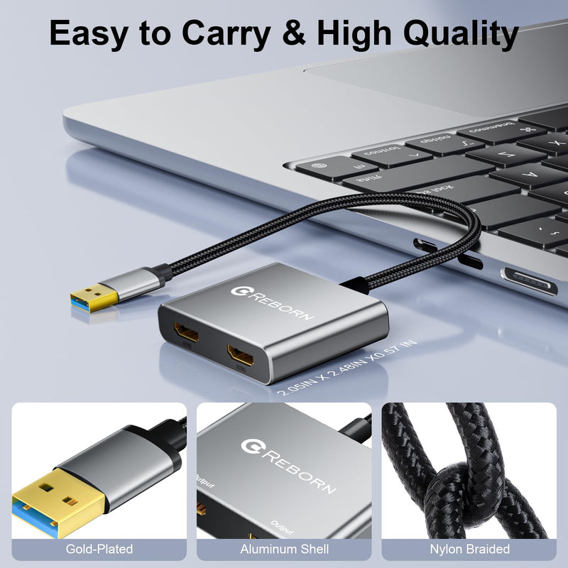 Reborn USB to HDMI Adapter, 1080P@60Hz USB 3.0 Male to Dual HDMI Female Multi-Display Cable Converter Suitable for MacOS, Windows 7/8/10/11 - Driver Installation is Required