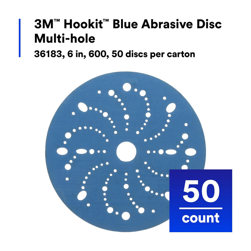 3M Hookit Blue Abrasive Discs 36183, Multi-Hole, Blend Preparation, Paint Preparation, 6 in, 600 Grade, 50 Discs/Carton Multi-Hole Disc 6 in diameter 600+ Grit