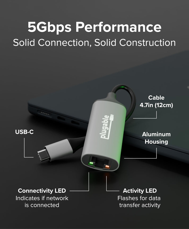 Plugable 5Gbps USB-C Ethernet Adapter | 5000Mbps Wired Network for Windows, macOS, and ChromeOS Laptops and Desktops | Realtek RTL8157 | Supports CAT6, CAT6a and CAT7 Cables (USBC-E5000)