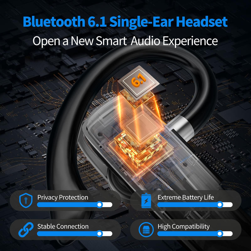 Bluetooth Earpiece V6.1, Wireless Handsfree Headset with Mic, CVC8.0 Noise Canceling for Calls Business Single-Ear Earphone, 24 Hrs Driving Headset for Android, iOS, Laptop, Office, Truck Driver Obsidian Black