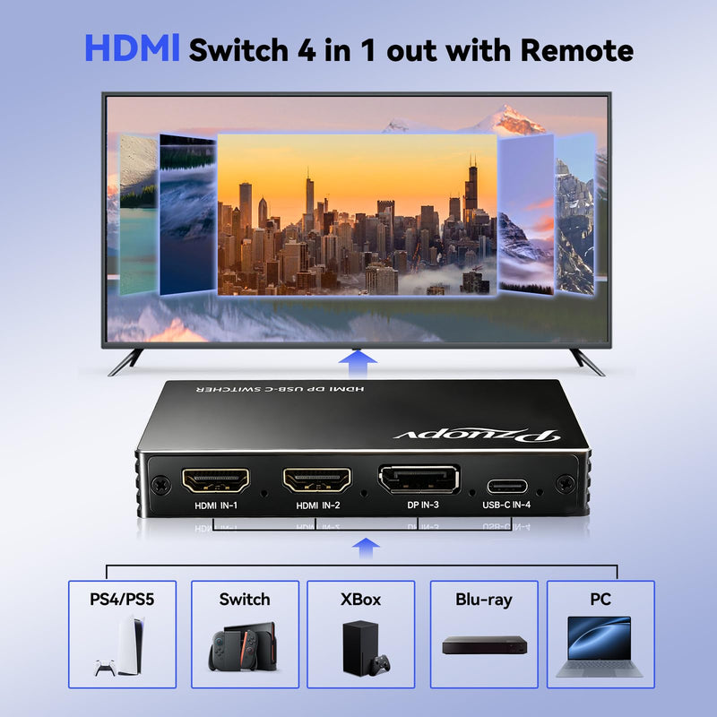 4 in 1 HDMI Switcher, 2×HDMI + DP + USB-C Input to HDMI Output Switch with IR Remote, 4K@60Hz Multi-Source Video Switch for PS5/PS4/Switch/Xbox/Laptop/Blue-ray Player to TV Monitor