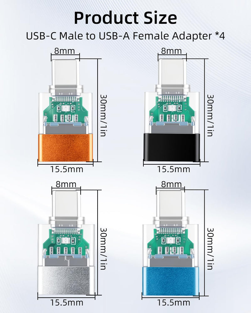 GELRHONR USB to USB C Adapter,USB 3.0 Female to Type C Male OTG Adapter with LED Indicator,Compatible with CarPlay, Smartphones, Tablets and PC,4 Pack USB F to Type C M